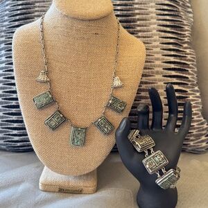 Vintage Egyptian Revival 800 Silver Faience Ceramic Tile Necklace & Bracelet Set
